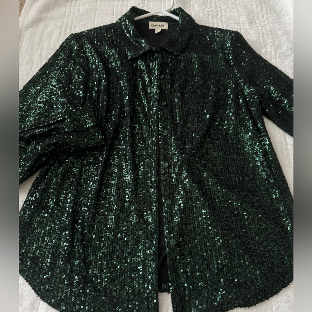 Open Edit Sequin Green Button Down Blouse - image 1